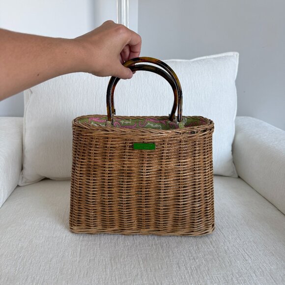 Kate Spade Wicker Basket Bag with Tortoise Handles & Paisley Interior - Picture 1 of 10